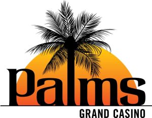 The Palms Grand Casino logo: a black palm tree silhouette over an orange sunset