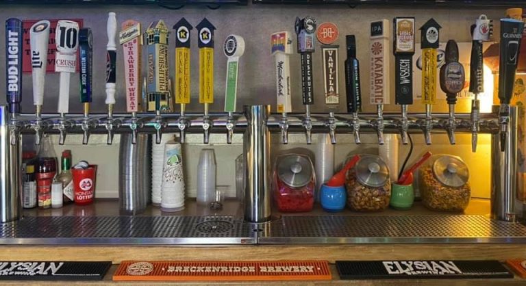 The 20-tap draft wall at The Palms Grand Casino, with Montana brewery tap handles including Katabatic, Cold Smoke and Hellgate Hefeweizen